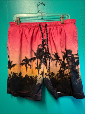 Men's Distortion Swim Trunks Size L Pink Black Palm Tree Print